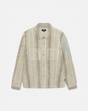 Beige Women's Stussy Striped Sherpa Shirts | ASF-9551