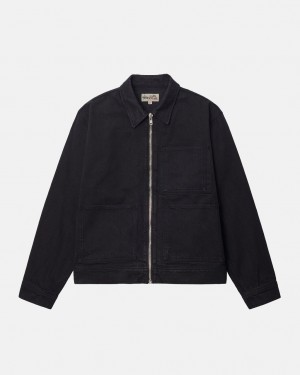 Black / Black Men's Stussy Zip Work Jacket Overdyed Jackets | SOX-4734