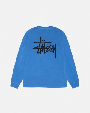 Blue Men's Stussy Basic Stussy LS Tee Pigment Dyed Tees | AUY-8051