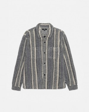 Charcoal Men's Stussy Striped Sherpa Shirts | IKW-7290