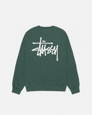 Green Men's Stussy Basic Stussy Crew Pigment Dyed Sweatshirts | BIE-2049