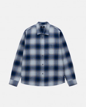 Navy Men's Stussy Bay Plaid Shirts | CAD-5993