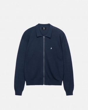 Navy Men's Stussy Light Weight Ls Zip Polo Shirts | VAO-8135