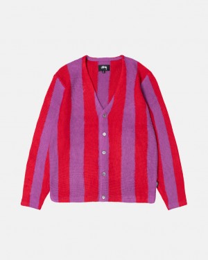 Purple Men's Stussy Stripe Brushed Cardigan Sweaters | YWR-5023