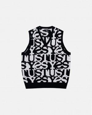 White / Black Men's Stussy Stacked Sweater Vest Sweaters | QUX-1902