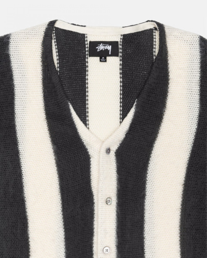 Beige Men's Stussy Stripe Brushed Cardigan Sweaters | UTF-4655