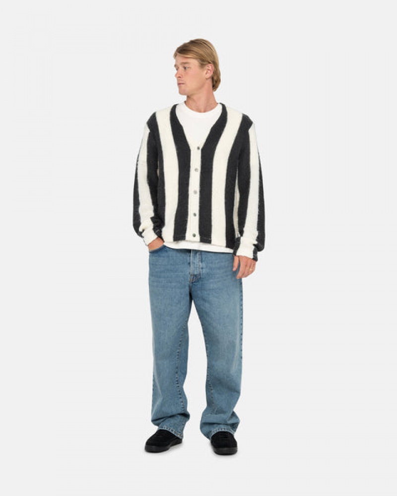 Beige Men's Stussy Stripe Brushed Cardigan Sweaters | UTF-4655