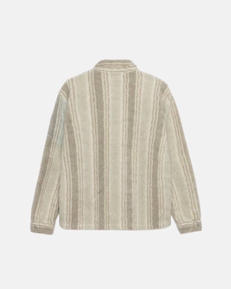 Beige Men's Stussy Striped Sherpa Shirt Jackets | QVE-5690