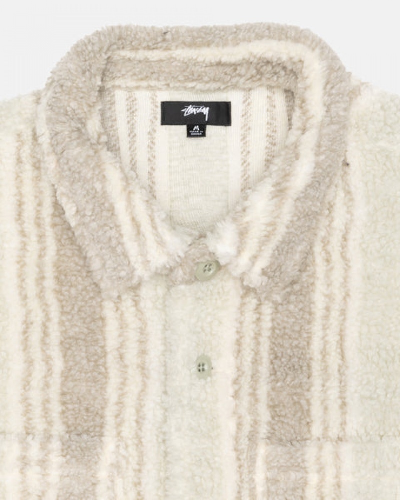 Beige Men's Stussy Striped Sherpa Shirt Jackets | QVE-5690