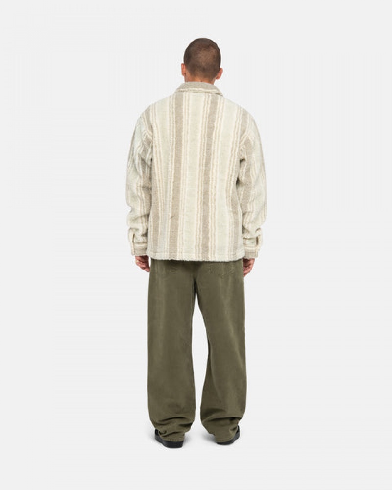 Beige Men's Stussy Striped Sherpa Shirt Jackets | QVE-5690