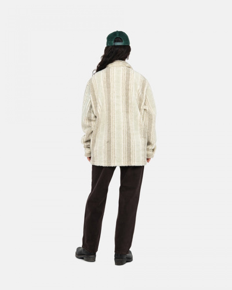 Beige Men's Stussy Striped Sherpa Shirt Jackets | QVE-5690