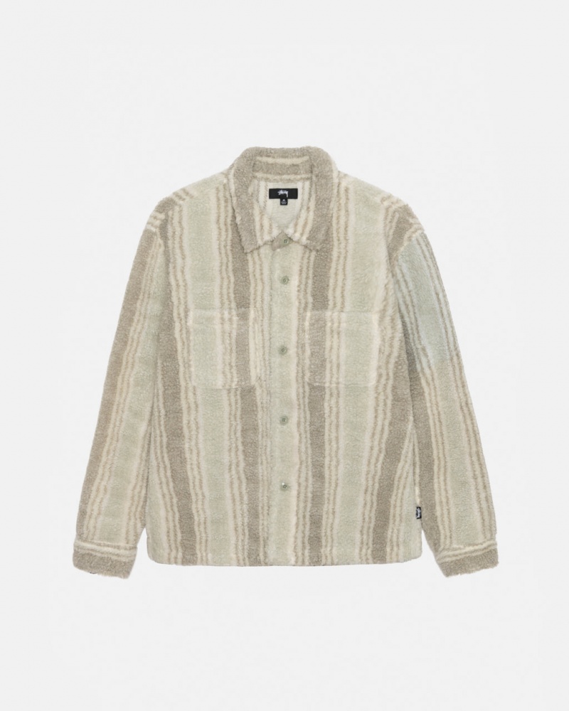 Beige Men\'s Stussy Striped Sherpa Shirts | KYG-2117