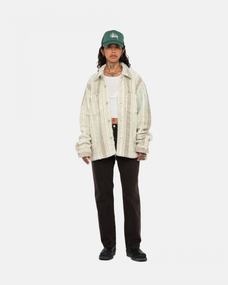 Beige Women's Stussy Striped Sherpa Shirt Jackets | QHY-7175