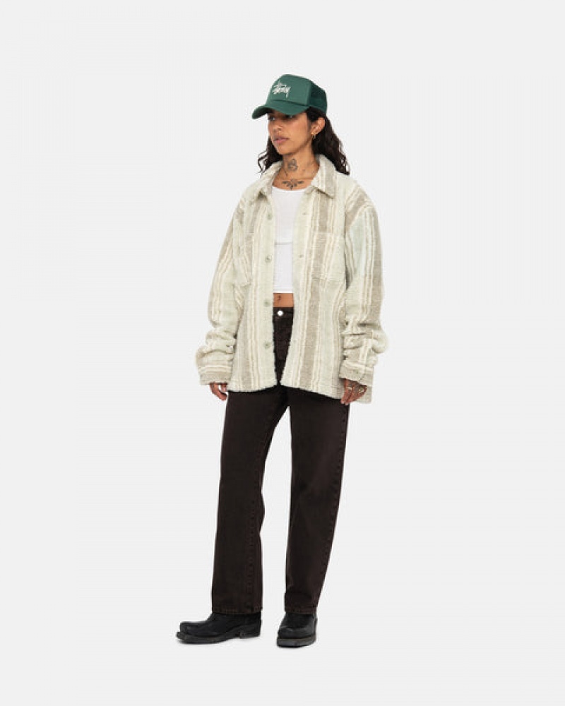 Beige Women's Stussy Striped Sherpa Shirt Jackets | QHY-7175