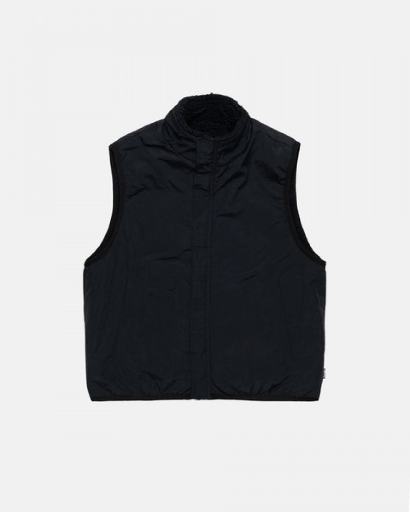 Black Men's Stussy Sherpa Reversible Vest | EEP-3576