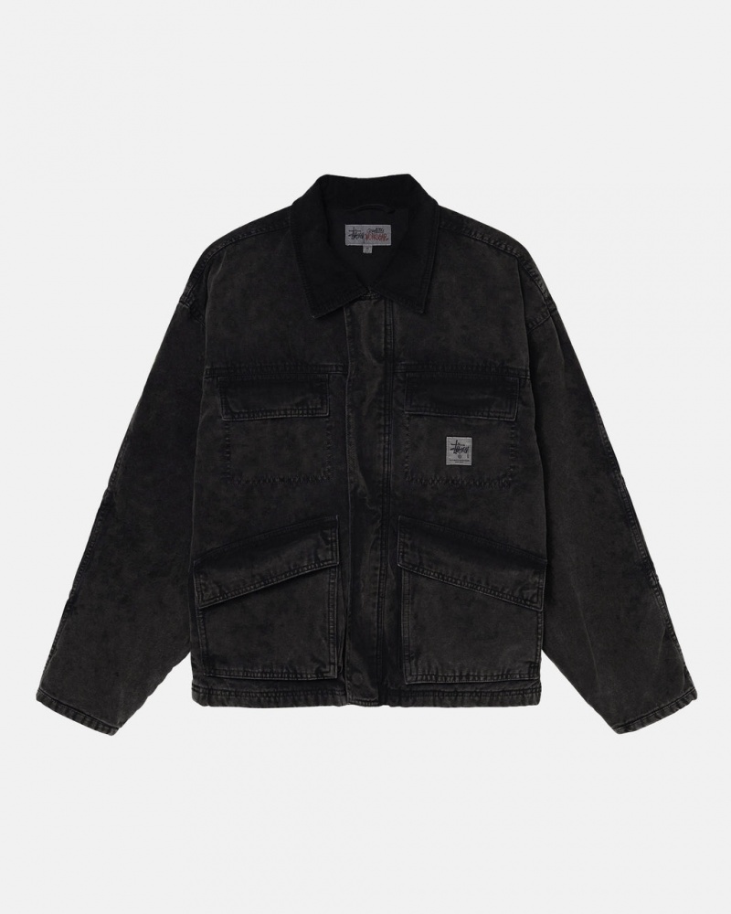 Black Men\'s Stussy Shop Jacket Washed Canvas Jackets | RAI-4427