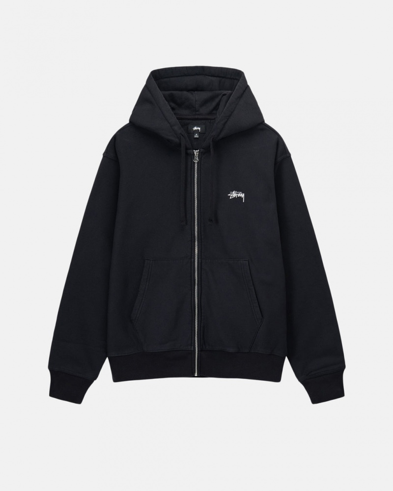 Black Men\'s Stussy Stock Logo Zip Hoodie | CVQ-0612