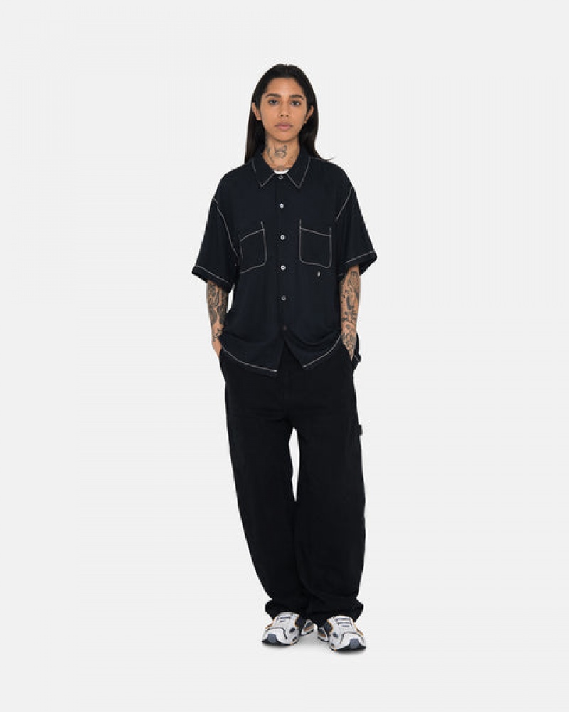 Black Women's Stussy Contrast Pick Stitched Shirts | IEA-2584