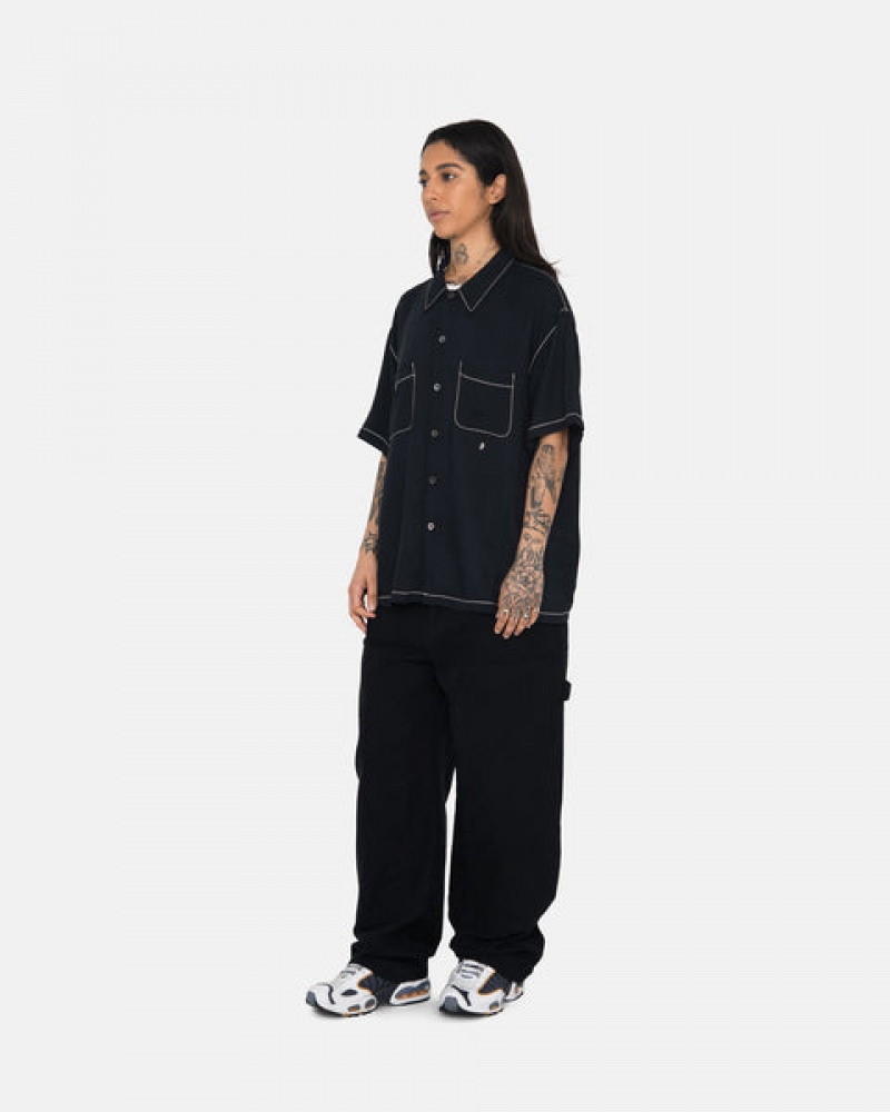 Black Women's Stussy Contrast Pick Stitched Shirts | IEA-2584