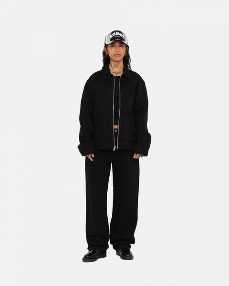 Black / Black Men's Stussy Zip Work Jacket Overdyed Jackets | SOX-4734