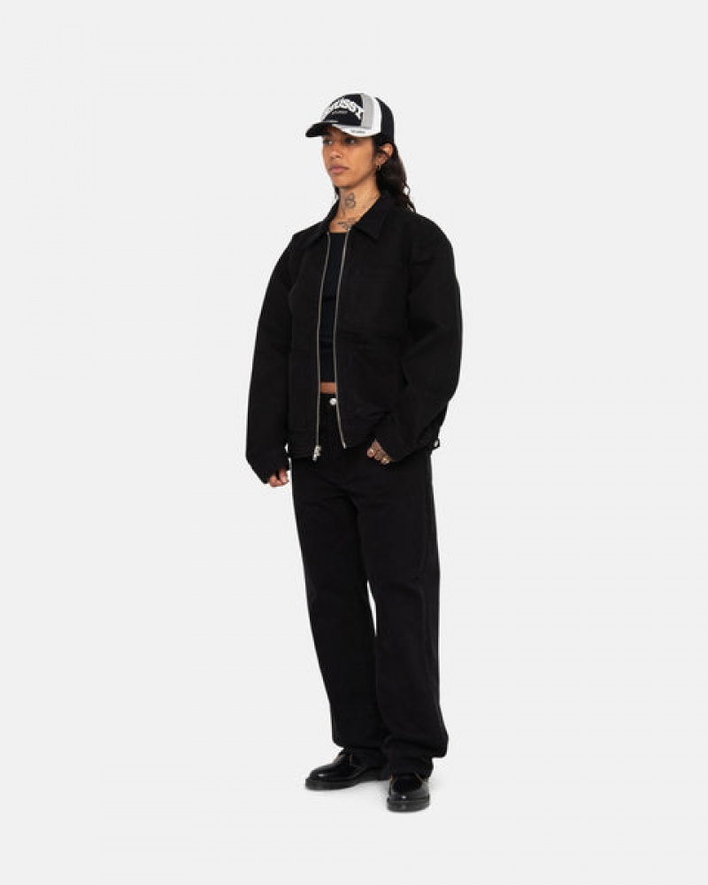 Black / Black Men's Stussy Zip Work Jacket Overdyed Jackets | SOX-4734