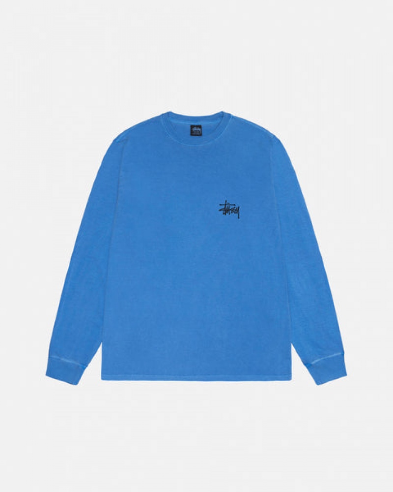 Blue Men's Stussy Basic Stussy LS Tee Pigment Dyed Tees | AUY-8051