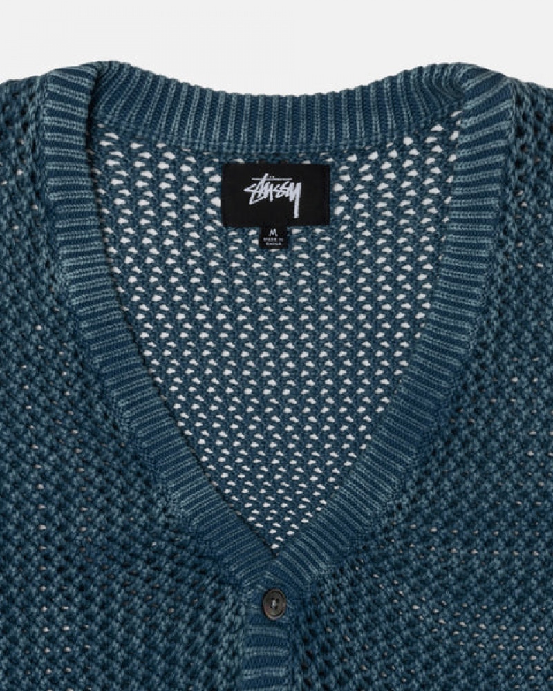 Blue Men's Stussy Loose Gauge Cardigan Sweaters | JLQ-1587