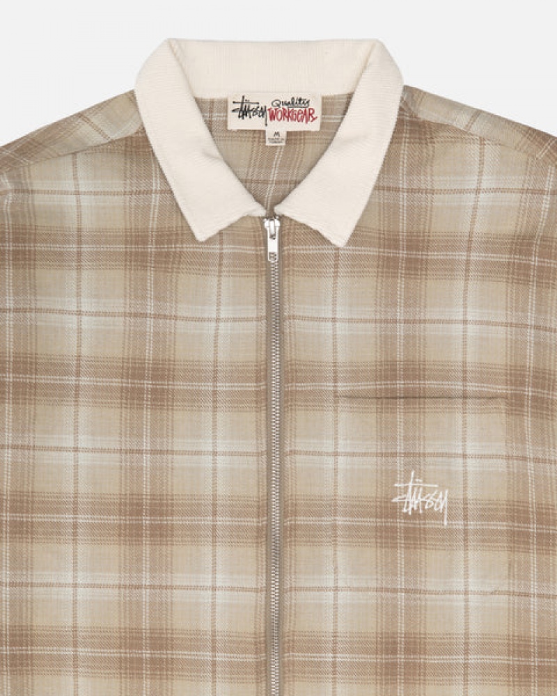 Brown Men's Stussy Frank Plaid Zip Shirts | JJH-8900