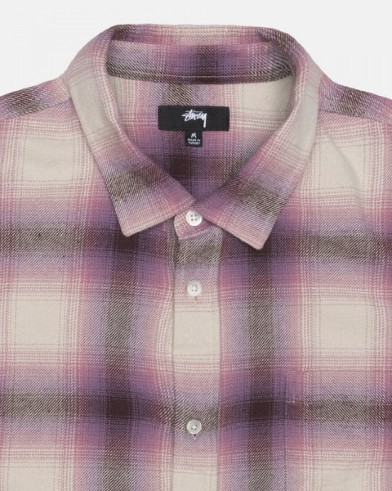 Burgundy Men's Stussy Bay Plaid Shirts | XVL-3352