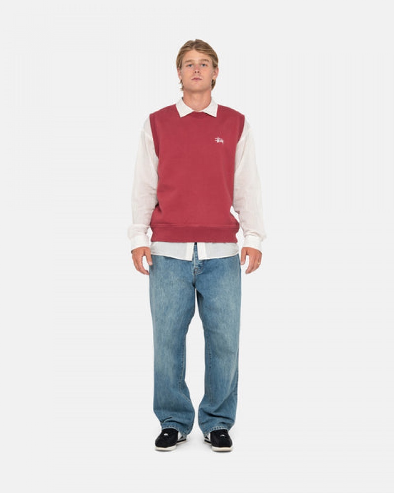 Burgundy Men's Stussy Stock Fleece Vest Sweatshirts | MFD-6629