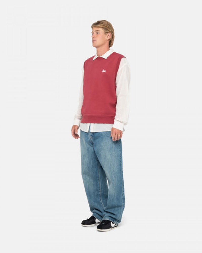 Burgundy Men's Stussy Stock Fleece Vest Sweatshirts | MFD-6629