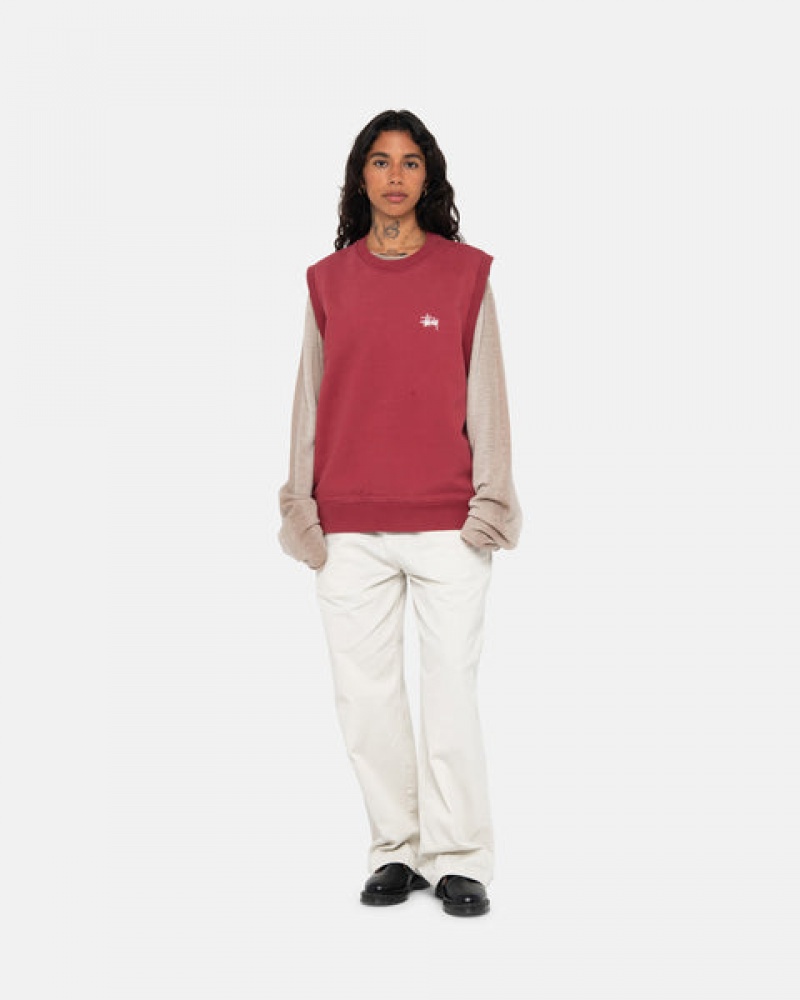 Burgundy Men's Stussy Stock Fleece Vest Sweatshirts | MFD-6629