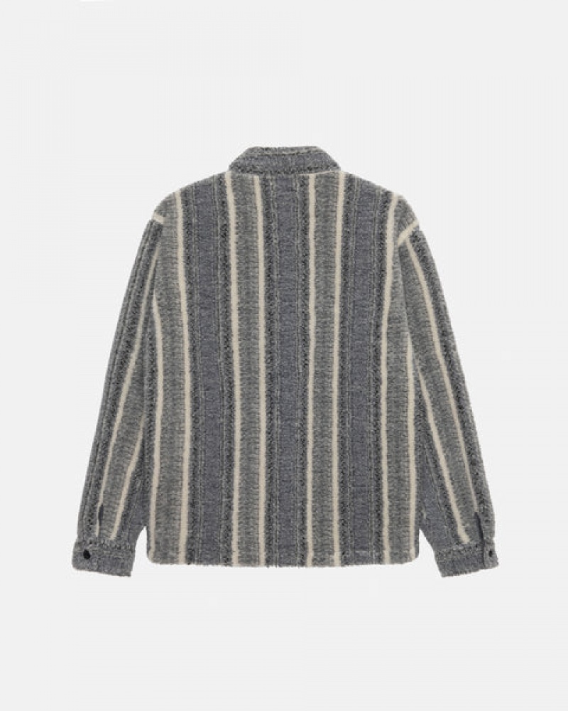 Charcoal Men's Stussy Striped Sherpa Shirt Jackets | LPF-5089