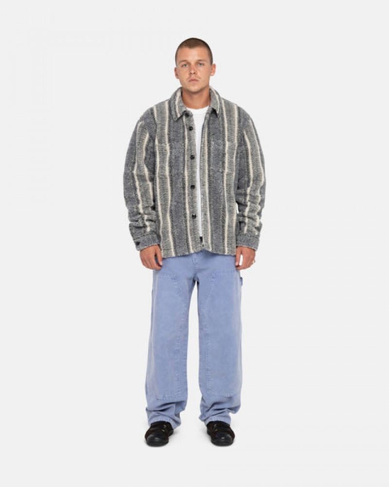 Charcoal Men's Stussy Striped Sherpa Shirt Jackets | LPF-5089