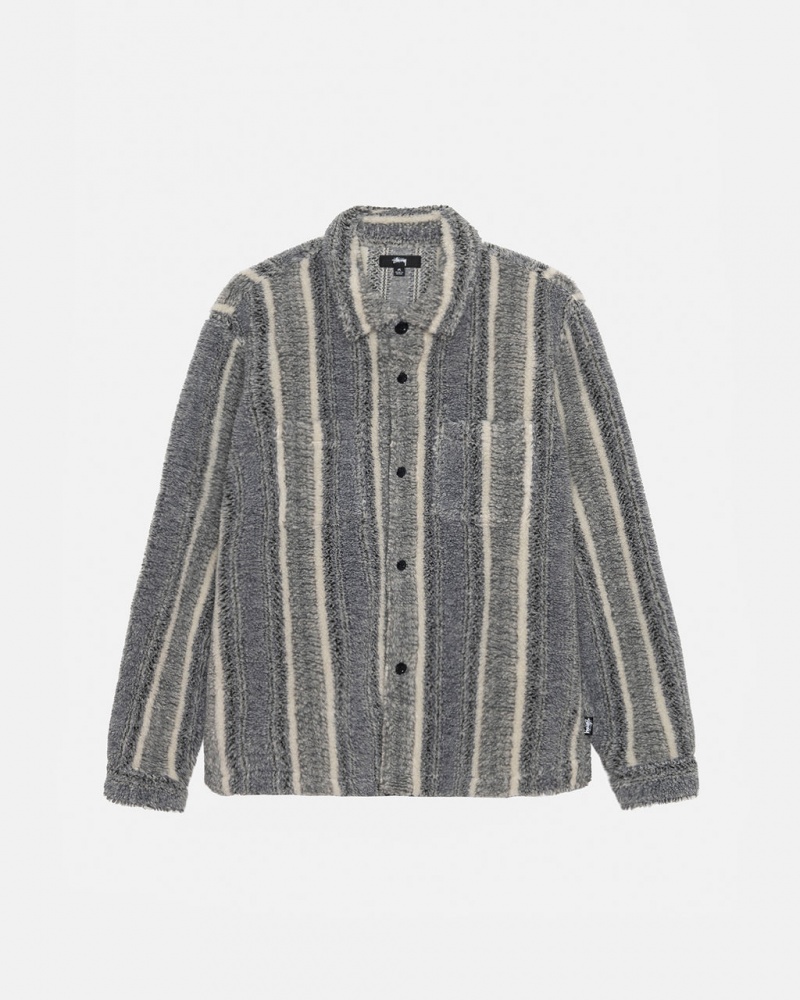 Charcoal Men\'s Stussy Striped Sherpa Shirt Jackets | LPF-5089