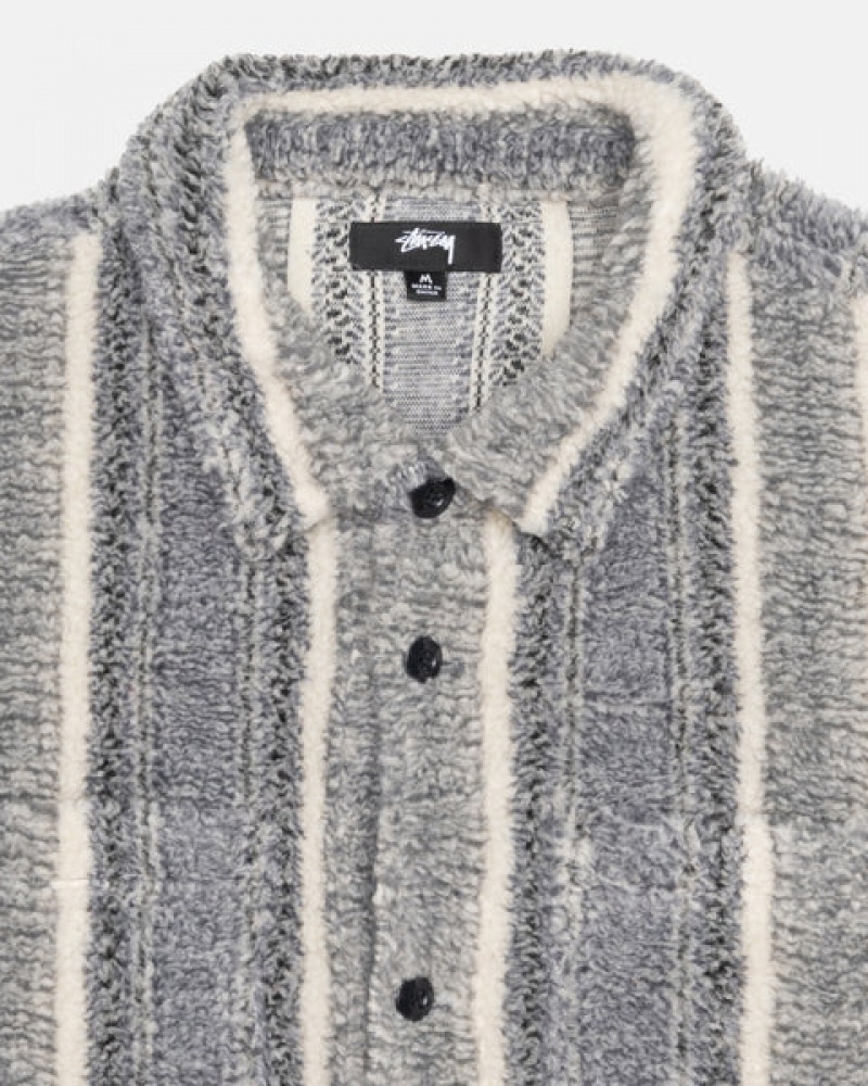 Charcoal Men's Stussy Striped Sherpa Shirts | IKW-7290