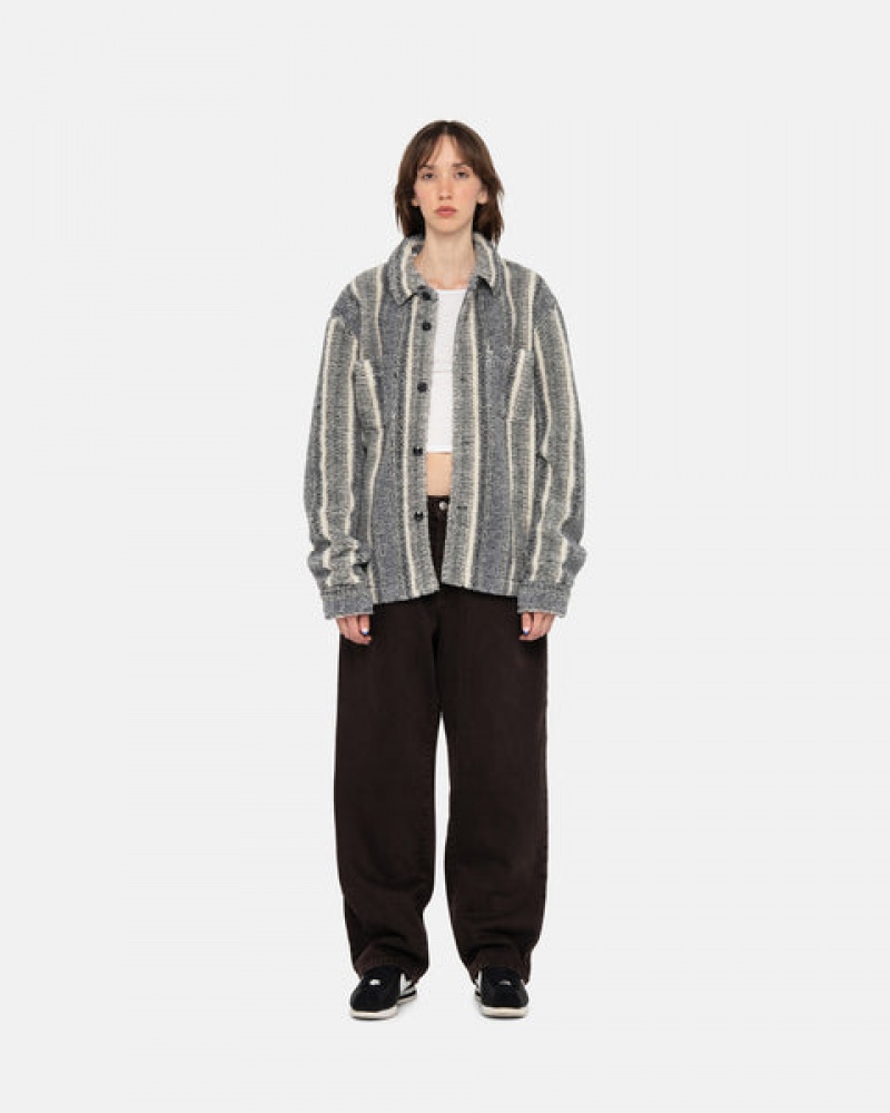 Charcoal Men's Stussy Striped Sherpa Shirts | IKW-7290