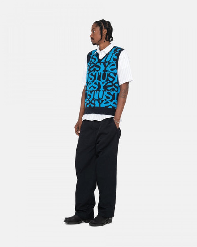 Dark Navy Men's Stussy Stacked Sweater Vest Sweaters | GZI-6279