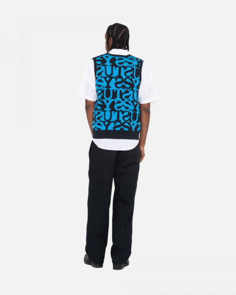 Dark Navy Men's Stussy Stacked Sweater Vest Sweaters | GZI-6279