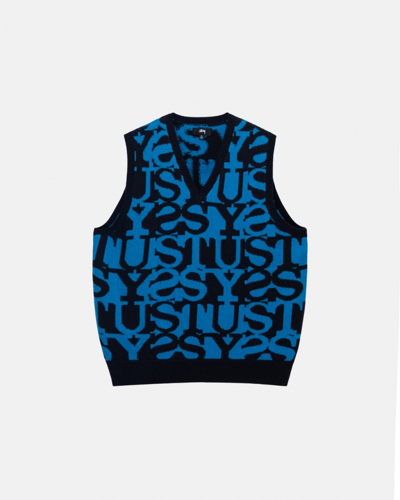 Dark Navy Men\'s Stussy Stacked Sweater Vest Sweaters | GZI-6279