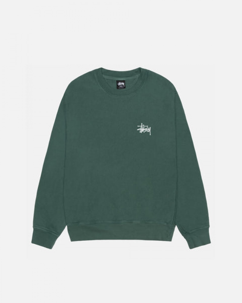 Green Men's Stussy Basic Stussy Crew Pigment Dyed Sweatshirts | BIE-2049