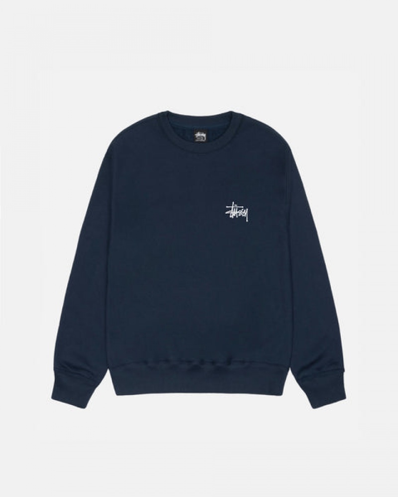 Navy Men's Stussy Basic Stussy Crew Sweatshirts | HEN-6866