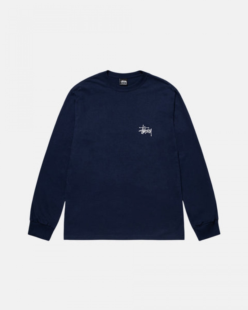 Navy Men's Stussy Basic Stussy Ls Tees | UHU-7016