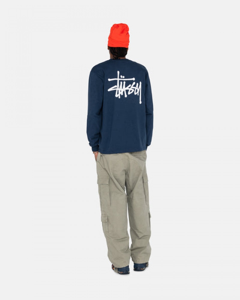 Navy Men's Stussy Basic Stussy Ls Tees | UHU-7016