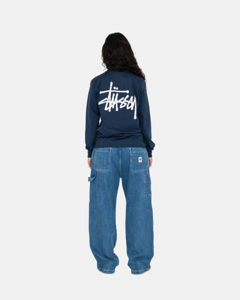 Navy Men's Stussy Basic Stussy Ls Tees | UHU-7016