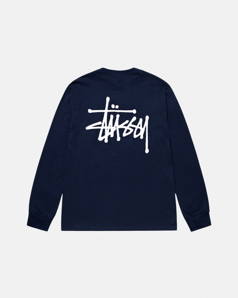 Navy Men\'s Stussy Basic Stussy Ls Tees | UHU-7016