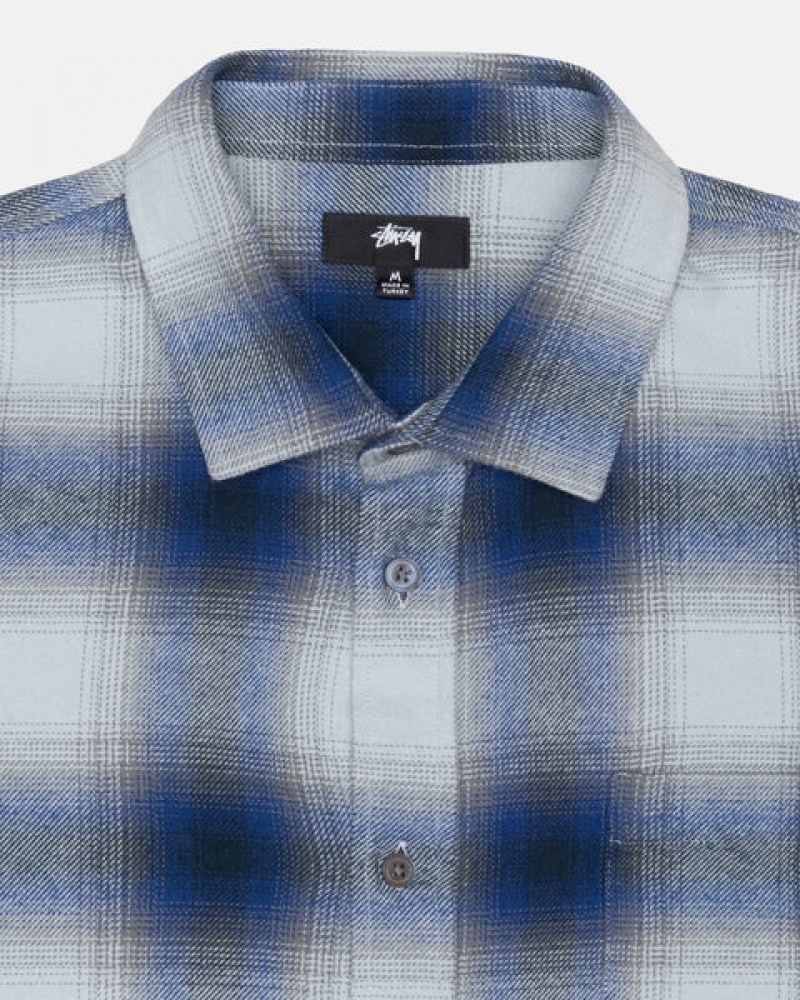 Navy Men's Stussy Bay Plaid Shirt Jackets | XEA-5647