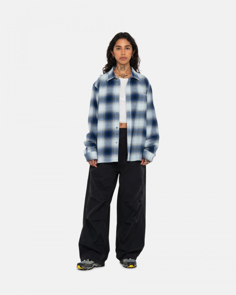 Navy Men's Stussy Bay Plaid Shirt Jackets | XEA-5647