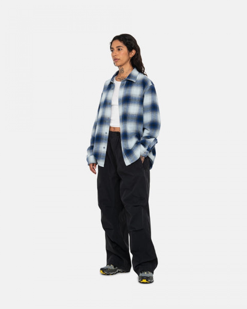 Navy Men's Stussy Bay Plaid Shirt Jackets | XEA-5647