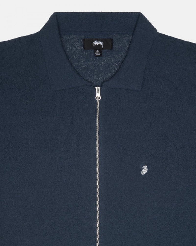 Navy Men's Stussy Light Weight Ls Zip Polo Shirts | VAO-8135